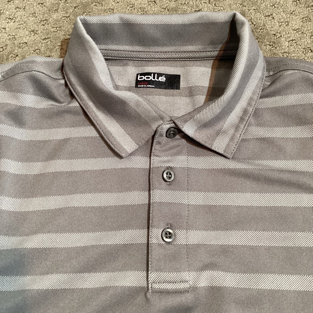 bolle Gray Striped Men's Polo/golf Shirt, 3 buttons, short sleeves, Large